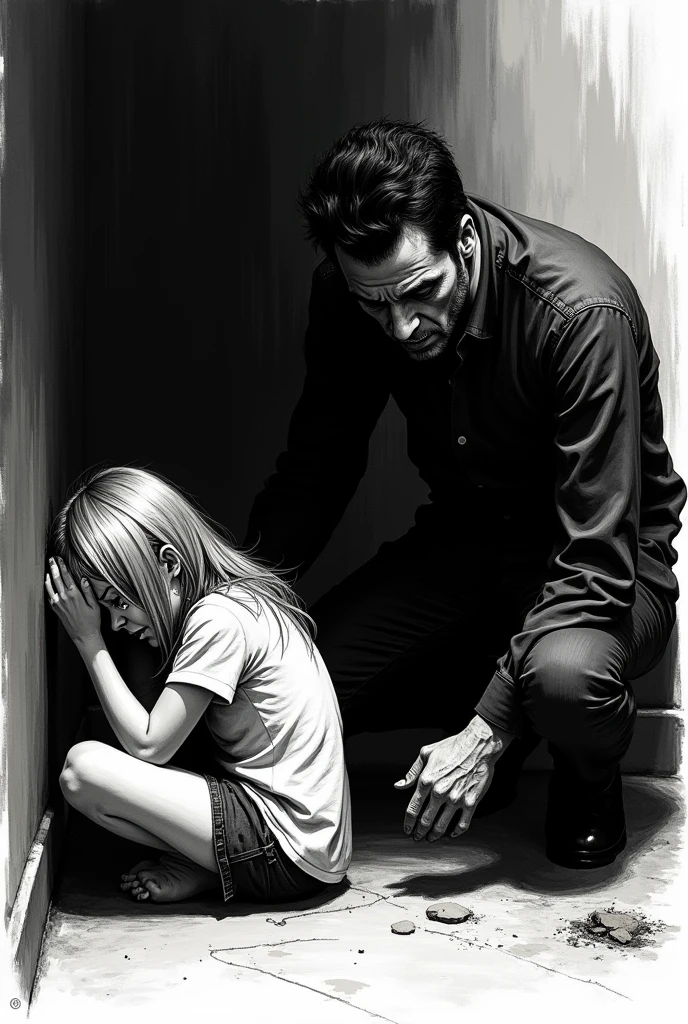 Black and white drawing of a girl crying in a corner while on the other side is a man with impure thoughts