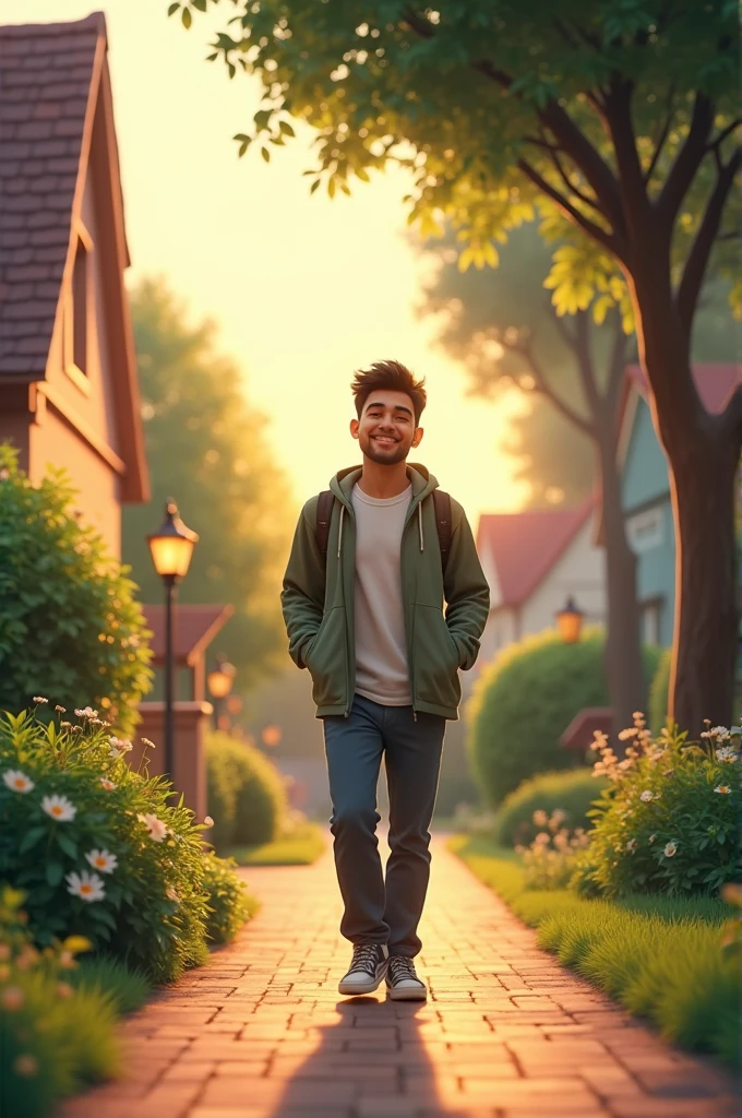 Andres walking back home, with a calm smile on his face, reflecting inner peace.