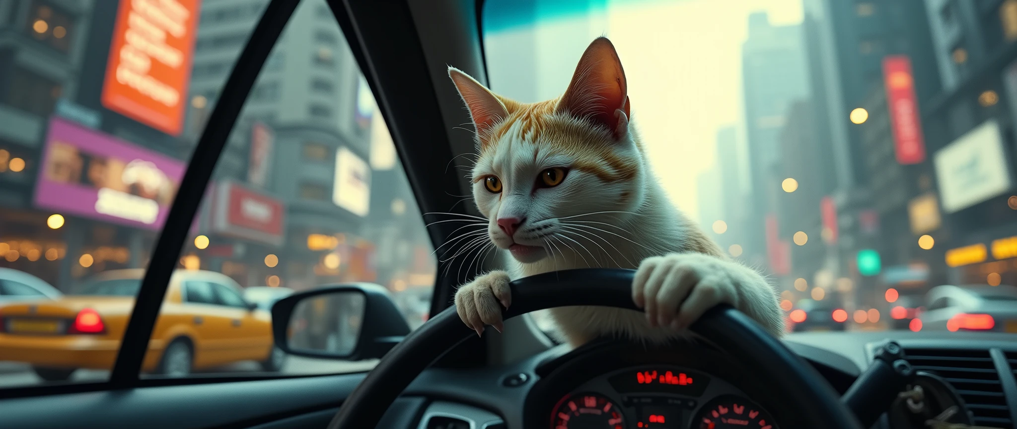 8k, a cat man driving a car in heavy traffic, he is very upset