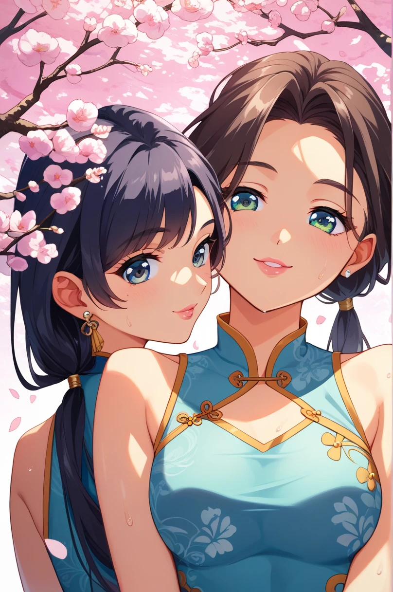 (masterpiece,Highest quality,Ultra-high resolution),Japanese women, (((Two very beautiful people))), cute、Look at the photographer、 ((Beautiful low ponytail)), とってもcute顔, Glossy Lips, Double eyelids on both eyes,Natural smile、 Natural Makeup, Long eyelashes, Shiny and smooth hair、Center image, Perfect limbs, Perfect Anatomy,(((China dress)))、((See through)),Wet with sweat,