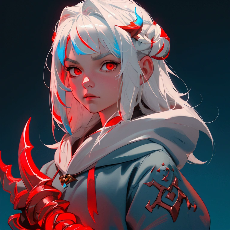 envision a 8k, highres, cinematic, close up portrait of a short and evil Atlantean girl named Gawr Gura with shoulder length white hair with red highlights and red eyes in a blue shark hoodie holding Poseidon's trident against a dark gray background