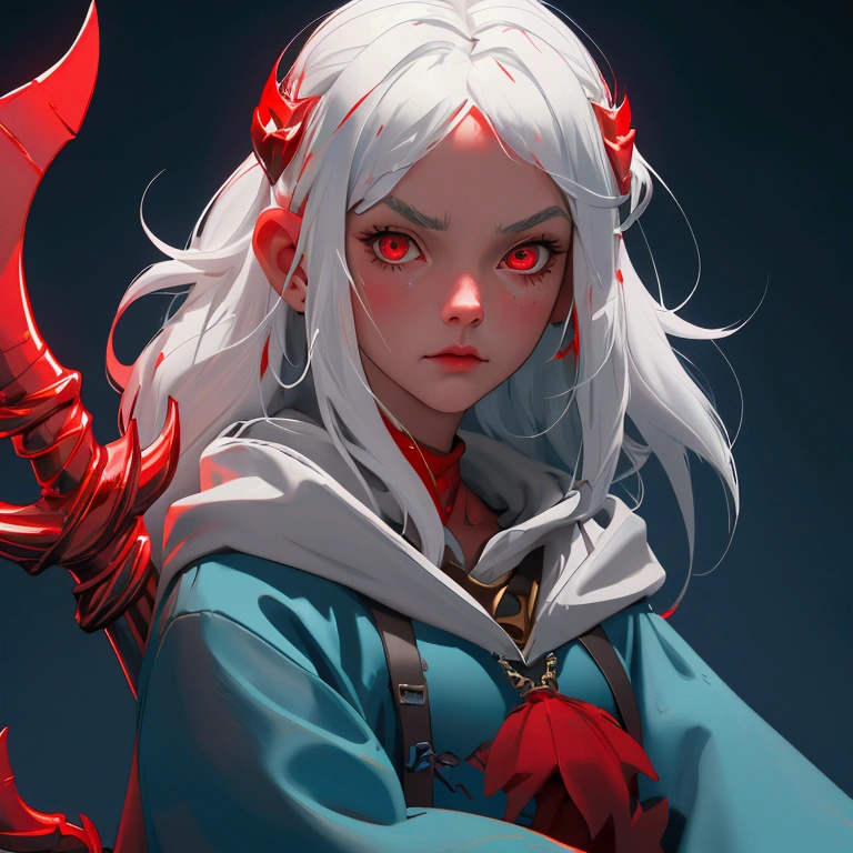 envision a 8k, highres, cinematic, close up portrait of a short and evil Atlantean girl named Gawr Gura with shoulder length white hair with red highlights and red eyes in a blue shark hoodie holding Poseidon's trident against a dark gray background