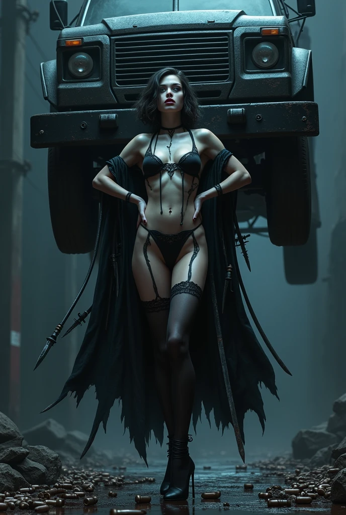 Beautiful dark short haircut blue eyes vampire gothic girl panties stockings high heels big  lencería  big butts sexy lingerie cape .arms on hips while several knives, swords and arrows remain stuck and sunk in his invulnerable body and a sword completely pierces it and his entire body is full of bullet holes thousands of bullets falling to ground mientras ella  levanta un camión por encima de su cabeza sonriendo 