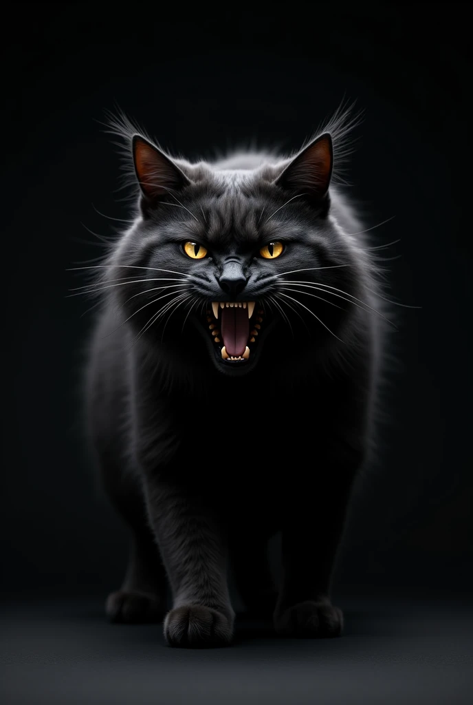 Super aggressive black Maine coon cat in the dark with no background