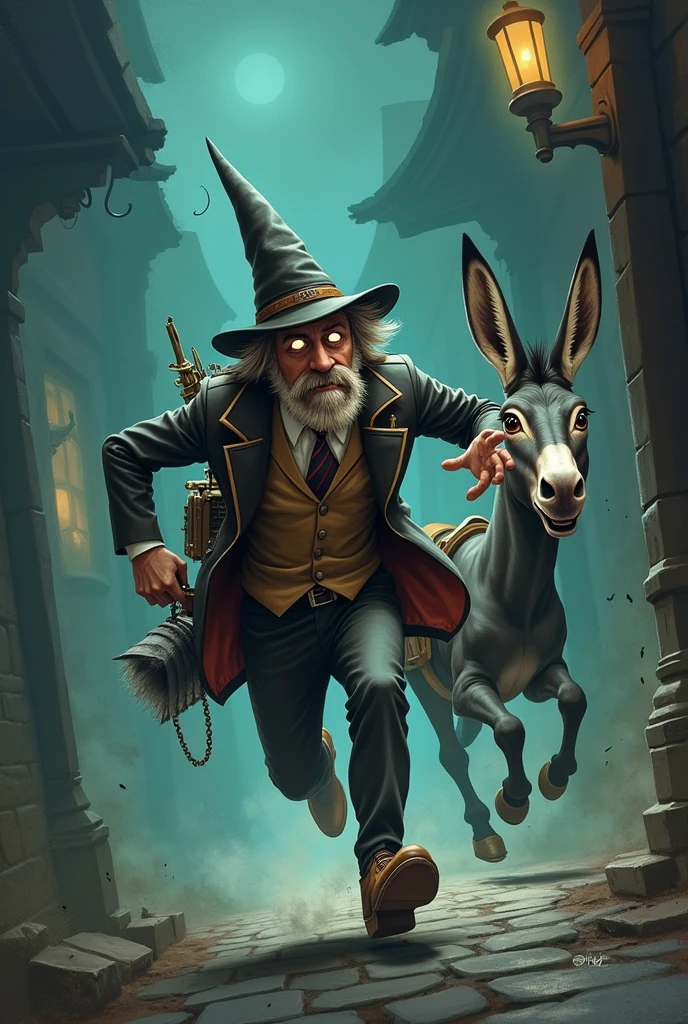 Create in a drawing scenario , a smarff dressed as a ghost hunter, running to capture a donkey that is scared, in the form of a drawing