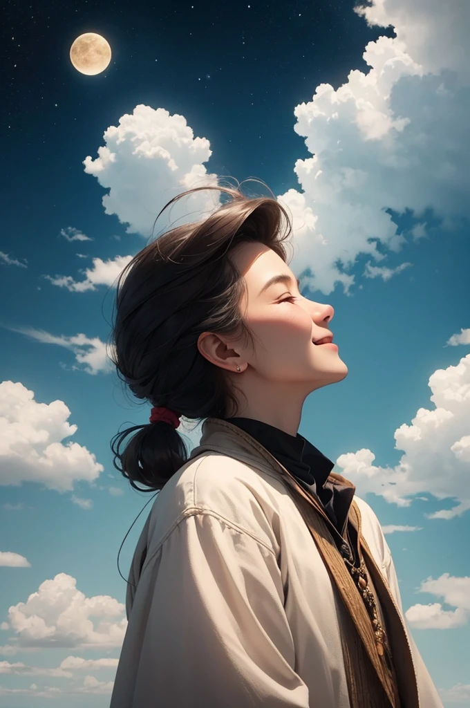 Fantasy、Image of the poem。夜の空が見える,If you ask me if I was happy until the end I want to become an old man who can answer that he could have made someone happy.。Distorted Uncertain and fragile The shape of that happiness Pick it up Float gently on water 、To a quiet star higher than the clouds in the faraway sky