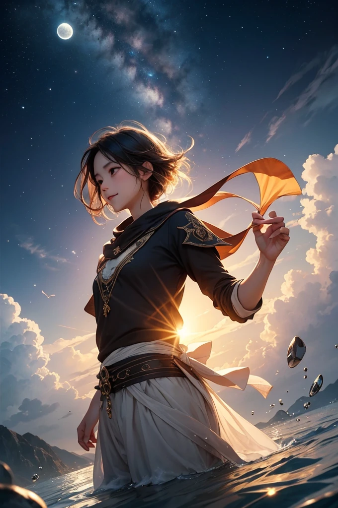 Fantasy、Image of the poem。夜の空が見える,If you ask me if I was happy until the end　I want to become an old man who can answer that he could have made someone happy.。Distorted　Uncertain and fragile　The shape of that happiness　Pick it up　Float gently on water　、To a quiet star higher than the clouds in the faraway sky