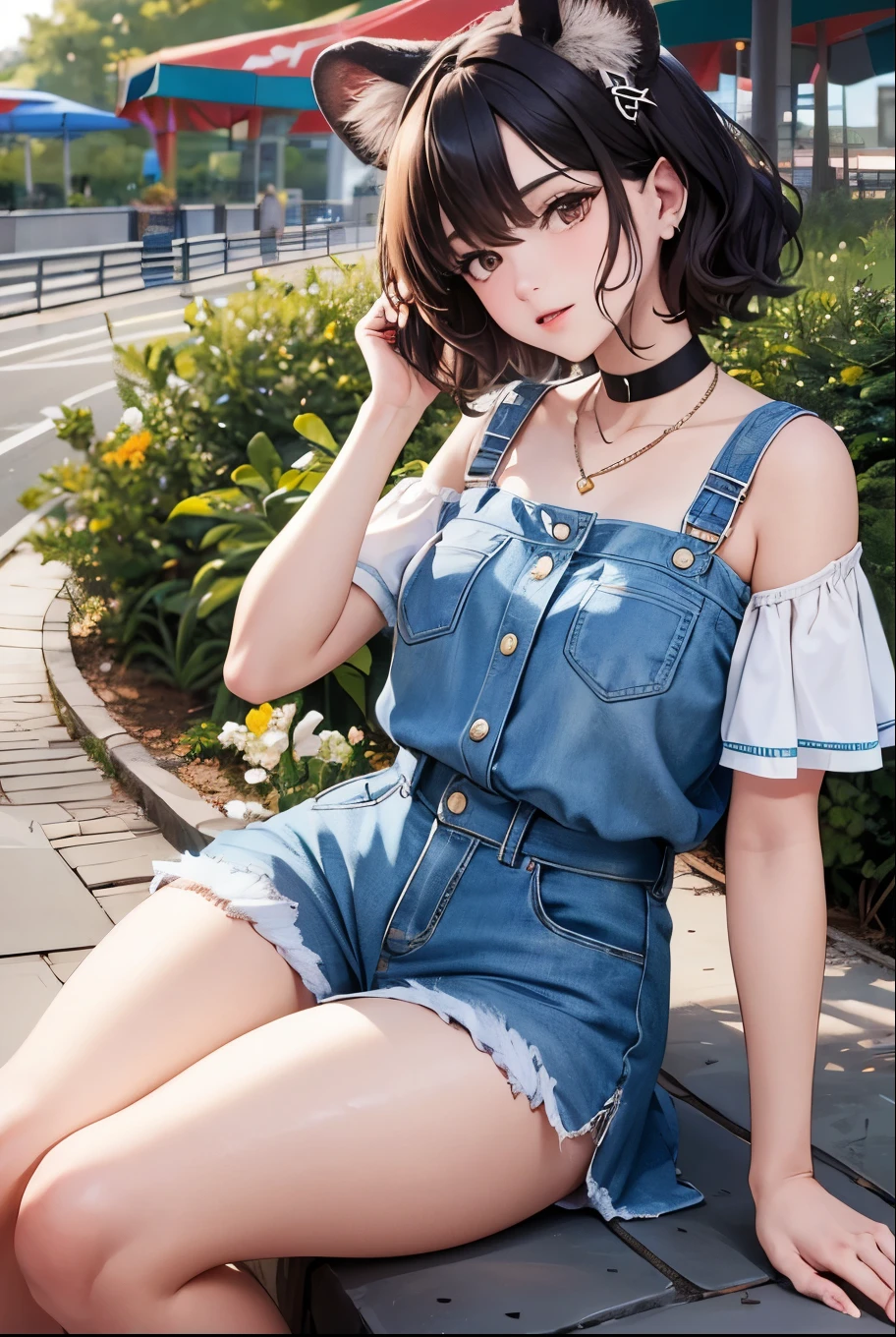 Top quality, highly detailed, UHD, idol, playing at an amusement park, cute and beautiful anthropomorphic koala girl with brown curly bob hair wearing a heart-shaped choker, casual clothes