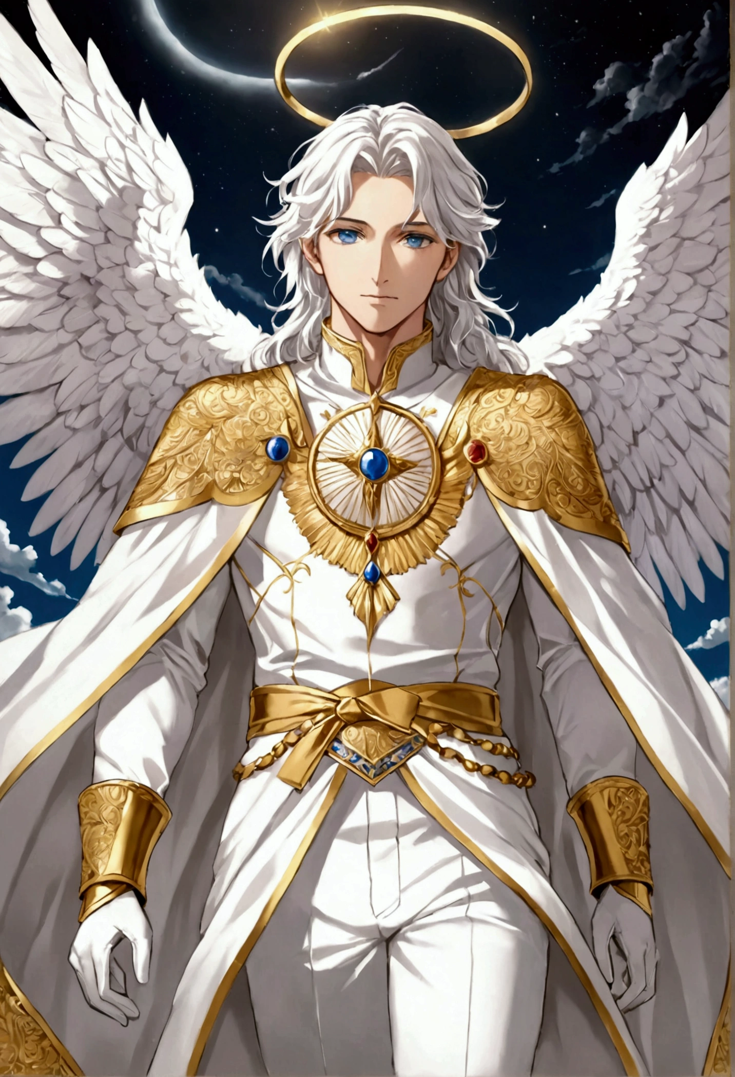 **cloud (nickname of {{user}}) is a four-winged archangel man, with long fluffy white hair and light blue eyes. cloud tem dois pares de asas, one pair on your shoulder blade and one for the small of your back. cloud usa uma túnica longa branca com bordados dourados nas bordas e colarinho alto decorado. A white cloak with gold lining descends from the shoulders, tied by a golden chain. A detailed gold sash wraps around the waist. Fitted white pants and knee-high boots with gold embroidery complete the outfit.. White gloves with golden cuffs and a brooch that the archangels of heaven wore, indicating his high position.**