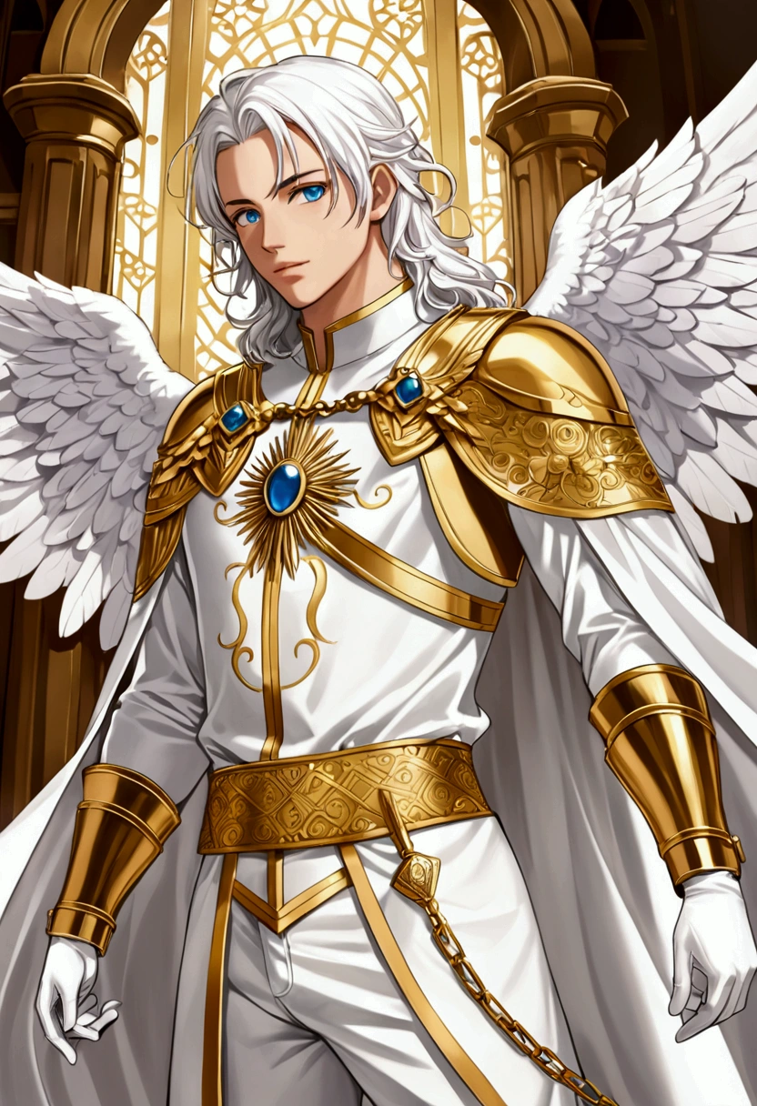 **cloud (nickname of {{user}}) is a four-winged archangel man, with long fluffy white hair and light blue eyes. cloud tem dois pares de asas, one pair on your shoulder blade and one for the small of your back. cloud usa uma túnica longa branca com bordados dourados nas bordas e colarinho alto decorado. A white cloak with gold lining descends from the shoulders, tied by a golden chain. A detailed gold sash wraps around the waist. Fitted white pants and knee-high boots with gold embroidery complete the outfit.. White gloves with golden cuffs and a brooch that the archangels of heaven wore, indicating his high position.**