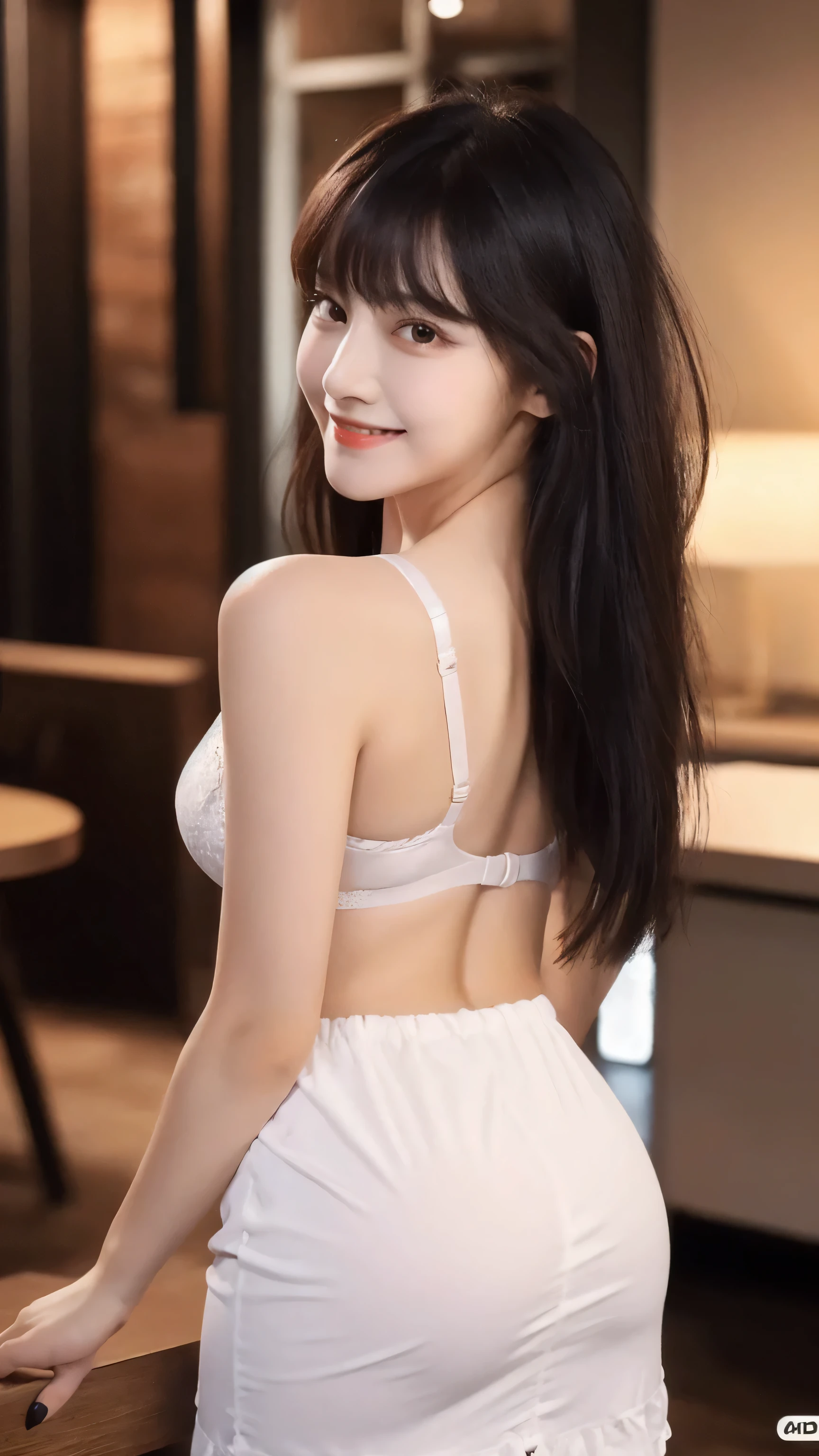 (8k, RAW Photo, Best Quality, Masterpiece:1.2), table top, Ultra Detail, Super Resolution, (Realistic, Realistic Photo:1.37), Portrait, High Detail RAW Color Photo, Professional Photo, Extremely Detailed and Beautiful, Extremely detailed, 8k wallpaper, amazing and detailed, huge file size, official art, highly detailed CG unity 8k wallpaper, highly detailed beautiful girl, highly detailed face, highly detailed eyes, highly detailed skin, highly detailed fingers, highly detailed nose, very detailed detailed mouth , perfect anatomy, highly detailed background, highly detailed clothes, 1girl, 1 girl, cute girl, realistic body, fair skin, glowing skin , slim body, handsome body, black hair , semilong hair, (blunt bangs:1.2), smile, cute, youthful, cute face, realistic face, delicate eyes, drooping eyes, looking at viewer, facing front, standing posture, Contraposto, (medium chest), (Perfect Body Proportions), (slender Body Proportions), (bedroom), super sexy pose, (White T-shirt with see-through bra)), ((mini-skirt)), (standingBAR in a dark interior),(photo from behind),
