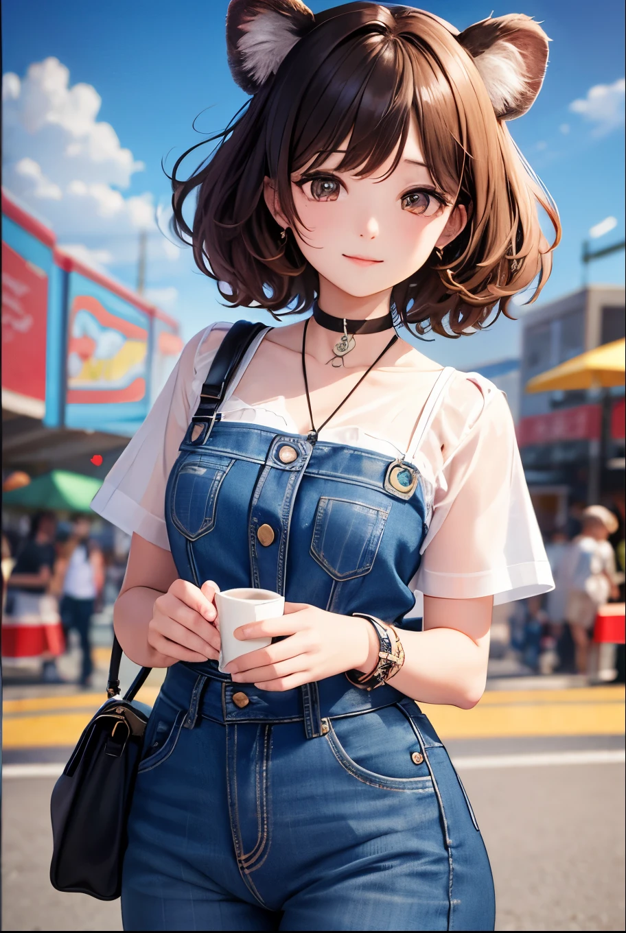 Top quality, highly detailed, UHD, idol, playing at an amusement park, cute and beautiful anthropomorphic koala girl with brown curly bob hair wearing a heart-shaped choker, casual clothes