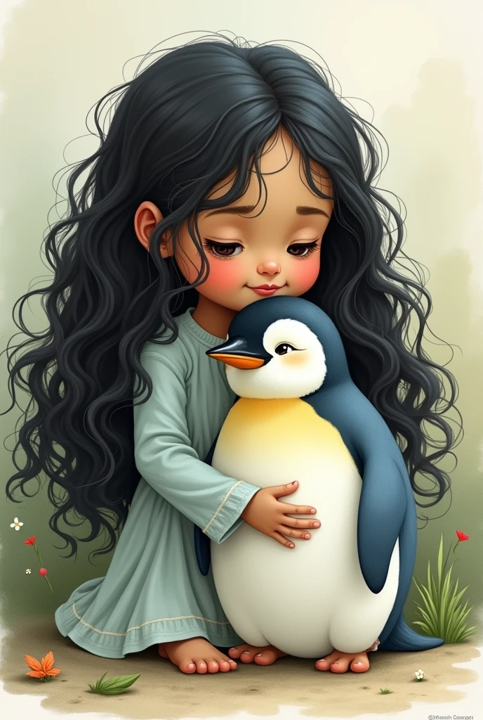 An illustration of a girl with long curly black hair, carrying a very chubby baby penguin, light blue in color