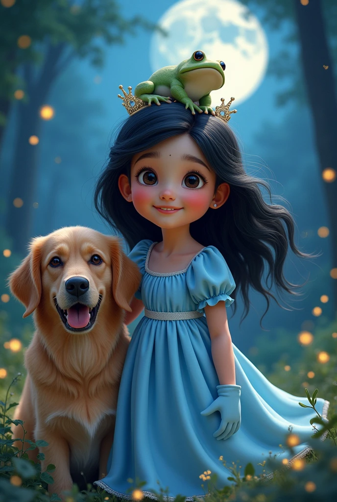 Medium skin tone girl with black hair , dark eyes , Beautiful smile.with a golden retriever dog. Repesentavion pixar, light blue oversized dress ,spongy ,with a blue crown, blue gloves , in a forest with fireflies at night,with a toad on his head