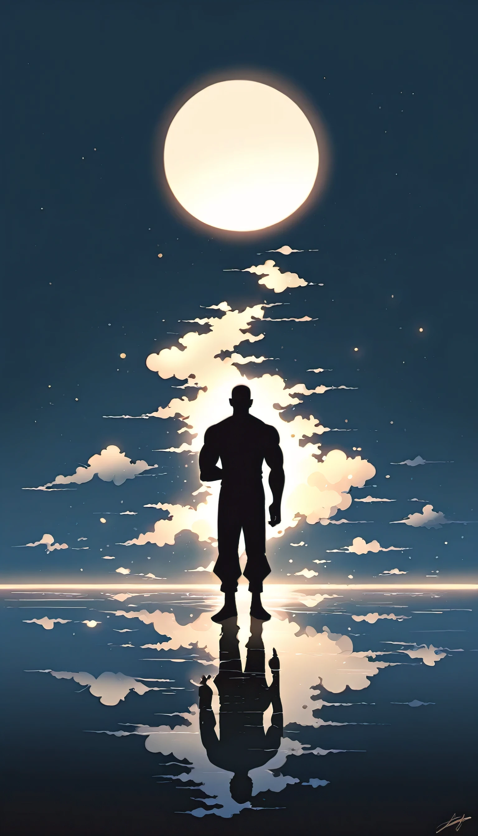 A Strong Buddhist muscular man stands in the smoke, Black jumpsuit, Very tight, Silhouette effect, Tall muscular man, Priapus, Dark Black, Dark black skin, Buzz Cut, His muscles are very developed, Very tall, short hair, Blend into the smoke, Lake, Reflection, Stars, moonlight, Big Moon, Man silhouette, Chinese, black and white, Simple style