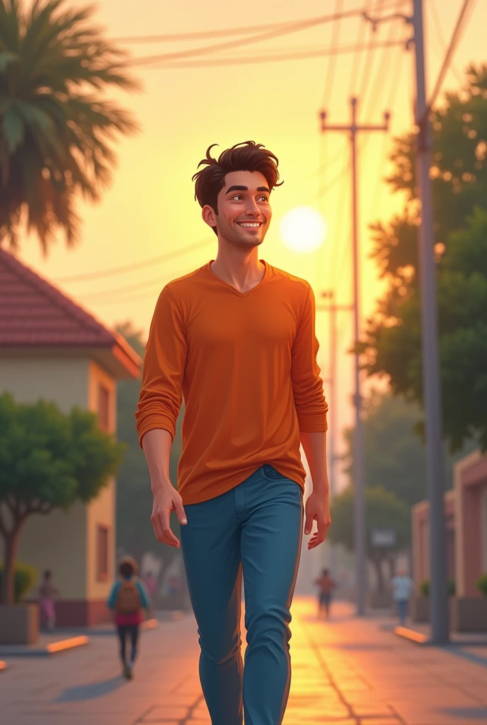  Andres walking back home, with a calm smile on his face, reflecting inner peace. Andrés is a young man with orange clothes and blue pants 