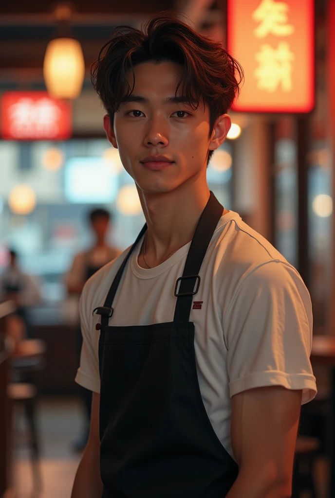 Photorealistic, 8K full-body poster, Japanese, 1 person, smile, Sharp eyes, Attractive look, Detailed facial details, Rugged skeleton, Tokyo, Winters, Inside the cafe,Slit eyes,Cafe uniform,Beautiful silky skin,20-year-old male,Short Hair,Brown Hair