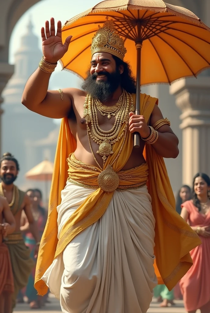 The image depicts a cheerful, regal figure with a large build. He is adorned in traditional attire, featuring a white and gold dhoti and a shawl draped over his shoulders. The figure wears numerous gold ornaments, including necklaces, bracelets, and a crown with intricate detailing. He holds a large umbrella in one hand, a symbol of royalty, and raises his other hand in a gesture of blessing or greeting. His expression is warm and welcoming, with a broad smile and wide eyes.