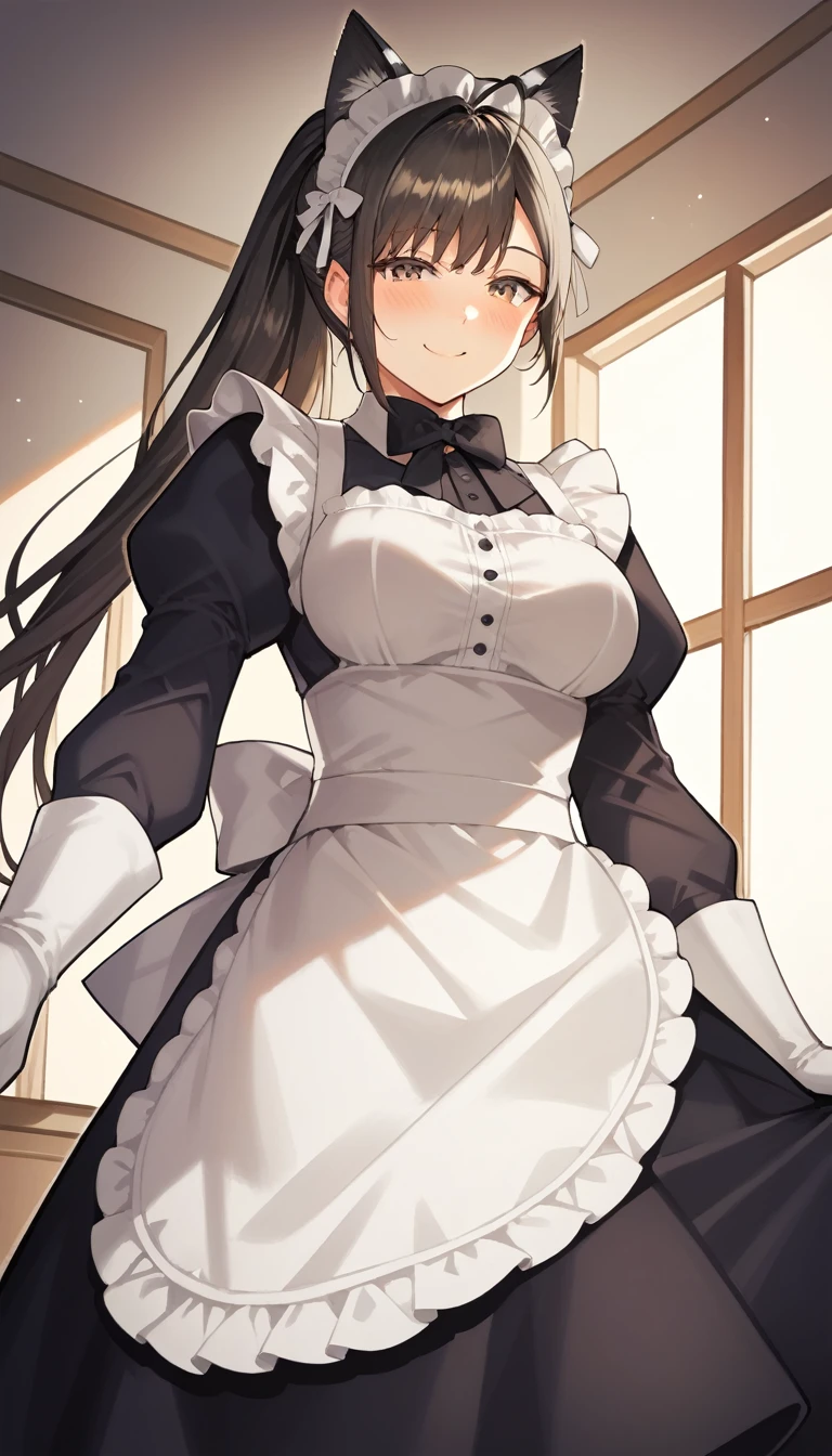 score_9, score_8_up, score_7_up, source_anime, best quality, amazing quality, very aesthetic, 1girl, yellow-brown eyes, room, wariza, long hair, ponytail, black hair, portrait, starshadowmagician, solo, Adult woman, best perfect anatomy, thin, curvy body, medium breasts, close up shot on person, a woman showing happy, smile, blush, medium angle from below, looking at viewer, mature woman standing pose, cat ear headband, maid uniform, long-sleeve, Her outfit is a vintage-inspired dress with black and white stripes, complemented by a crisp apron, white format gloves, dynamic angle. perfect dynamic composition, foreshortening, night days, volumetric lighting, dark hotel sitting room background,