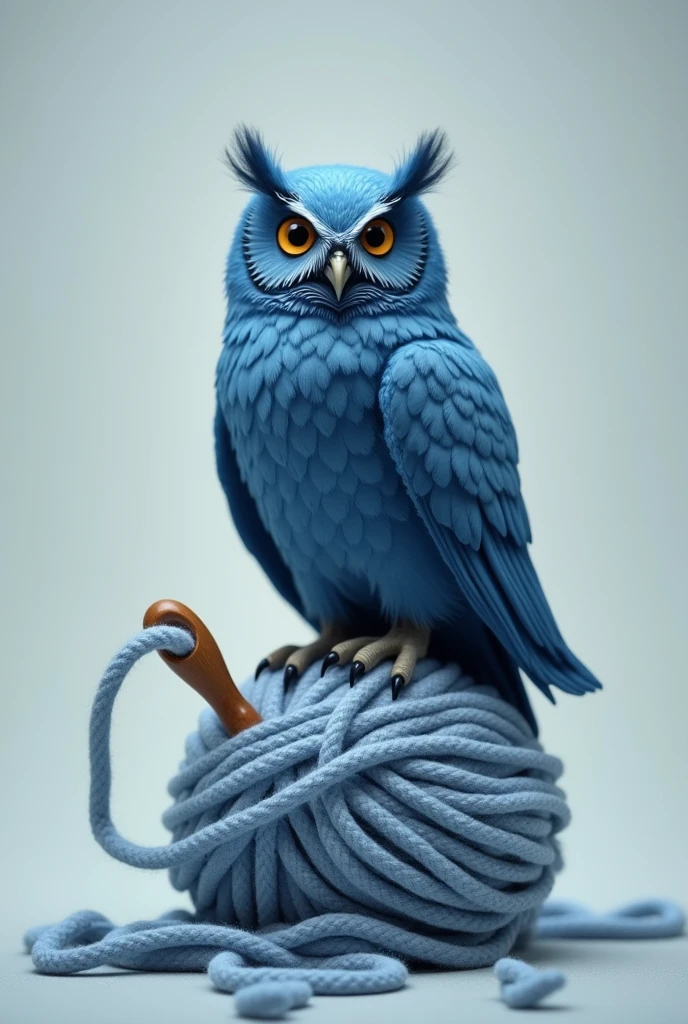 blue owl on a ball of yarn with wooden knitting hook buried in the minimalist ball of yarn