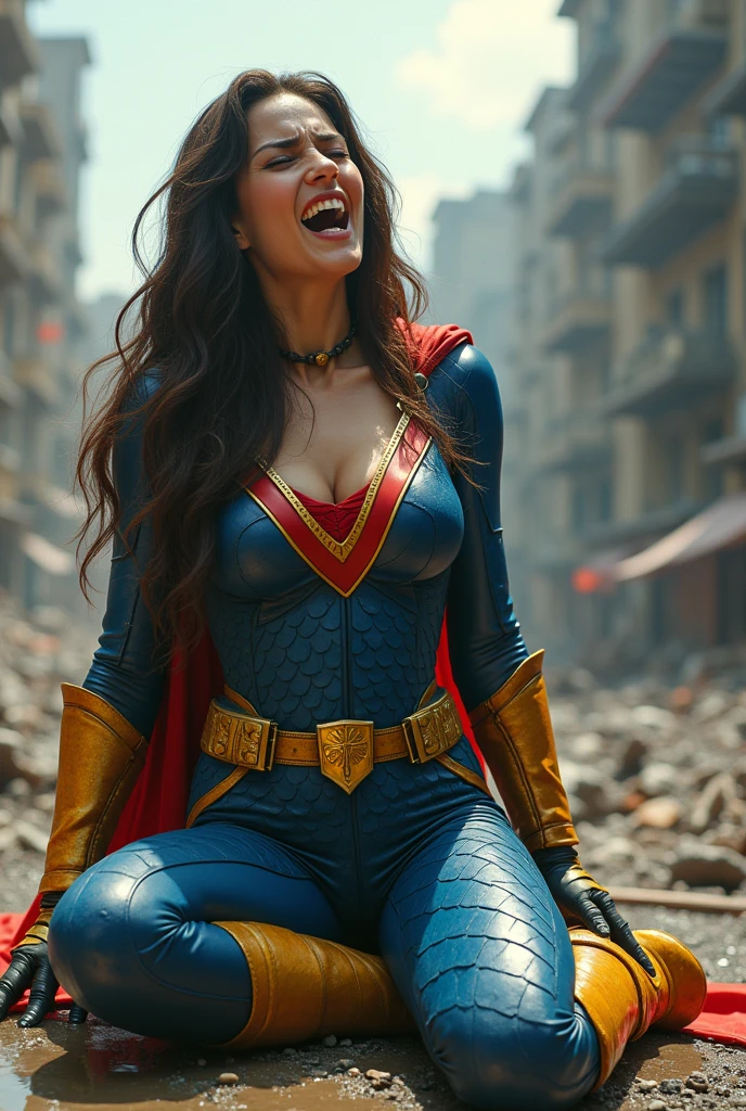 (((A beautiful long black haired woman on her knees screaming exhausted after an extensive battle ((((((Red V-shaped diaema with a yellow v in the center of the diaema ))))))Under the cloak of Big Barda light eyes her superheroine costume is samurai themed. Her usual costume is a blue leather jumpsuit with scales all over the suit and a gold armor corset over her jumpsuit, thick red belt, burnt yellow boots and gloves on a large, high-cylinder futuristic motorcycle in an apocalyptic city with a lot of destruction.))),(((without cape))),(((side preview))),(((without cape)))