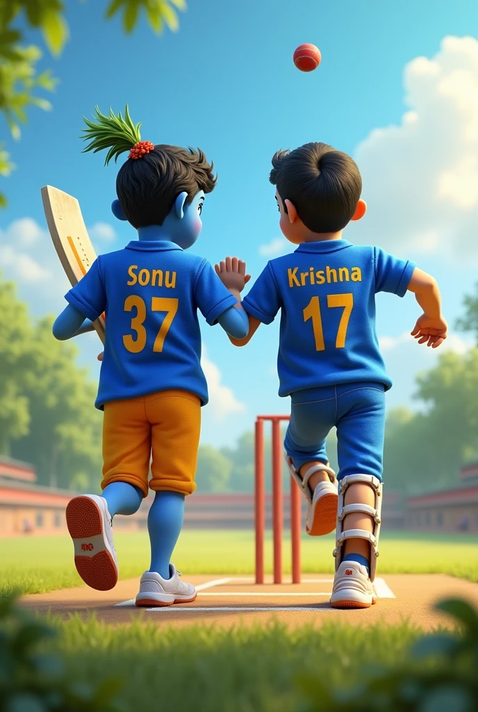 God krishn playing cricket his friend sonu
And both name printed on his tshirt 
And bat printed logo mrf
Tshirt colour royal challengers Bangalore 
Both tshirt printed name sonu and krishna 