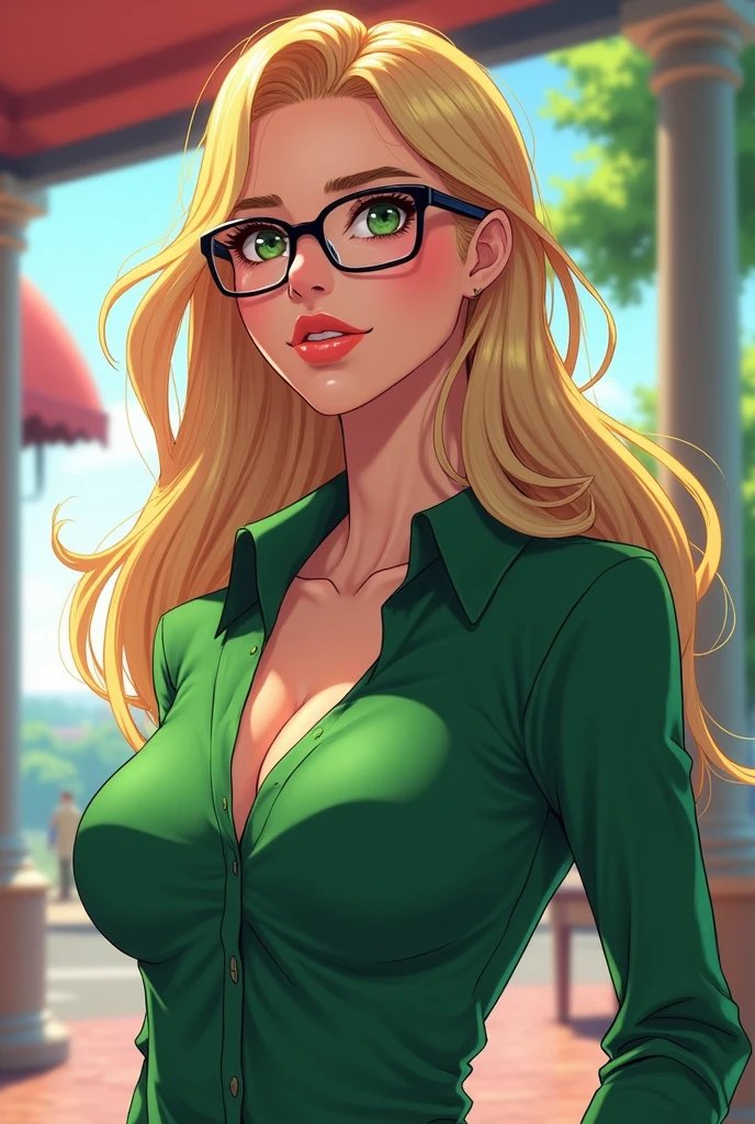 Trans tall beautiful woman with black glasses, blonde hair, big boobs and a green shirt. Anime