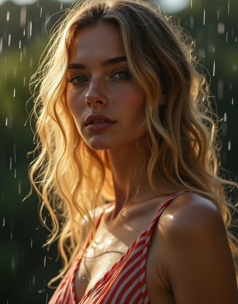 A beautiful woman Vika wearing plunging high detail sexy striped dress, (erotic face:Florence Pugh:0.2), (skin texture:1.1), (skin pores:1.2), (high detail face), (very long curly blonde hair), outside, raining, wet transparent clothes, wet skin, wet hair, masterpiece, best quality, ultra-detailed, analog style, shadows, contrast, Raw photo, by Ellen von Unwerth, Nikon D850, backlight, rimlighting (warm hue, warm tone:1.2), high detailed realistic hands