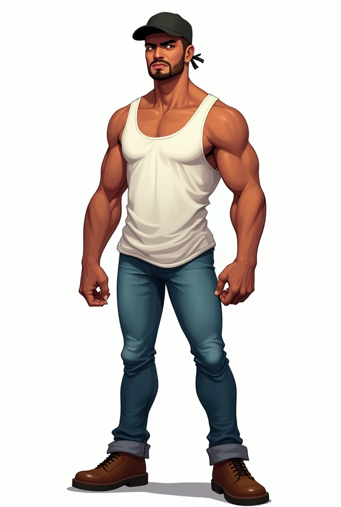 drawning, bright coloured, naughty man, 30years, 70 kilos, short stature, stark, Seriously, brown skinned, Black cap, white tank top, blue jeans, Brown Shoe, goatee, apocalypse style, white background, fully body 