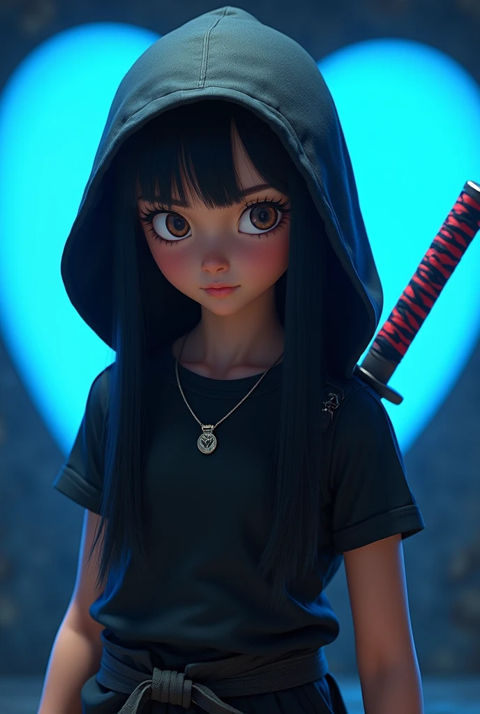 A girl wearing a black t-shirt and hood, long straight hair, big eyes, small necklace, ninja hat, blue heart, bright blue heart background, Disney style, highly detailed, photorealistic, 8K, cinematic lighting, warm color palette, masterpiece and swords on her back like a ninja