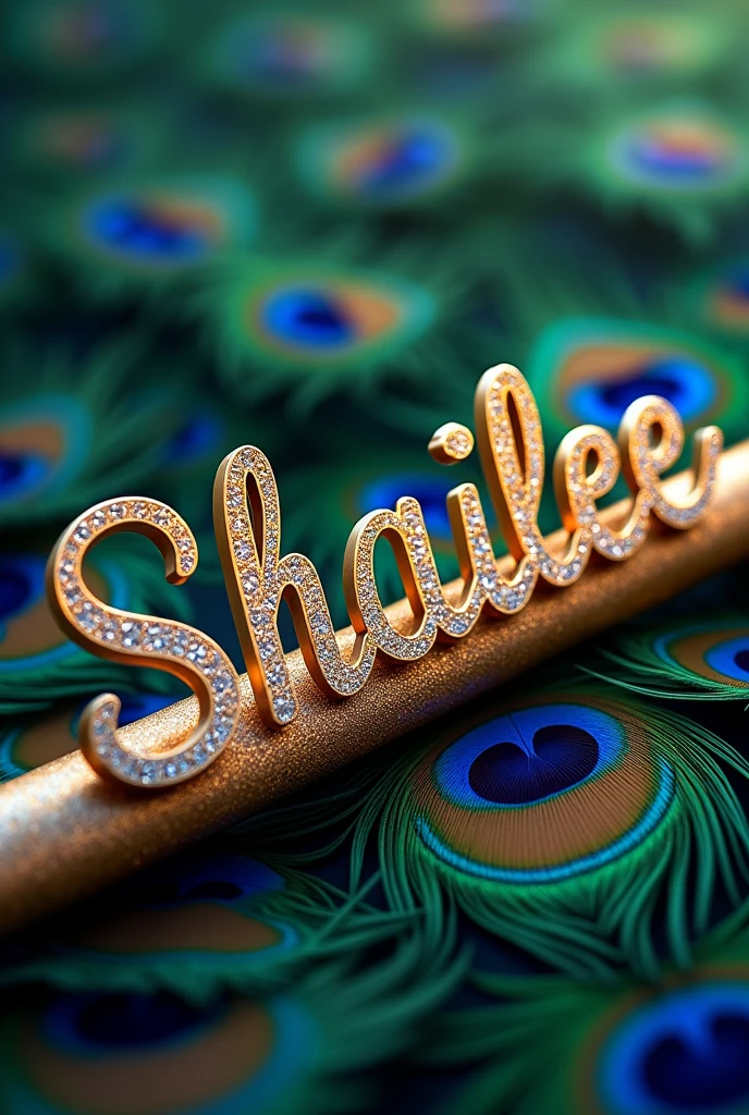 Write name Shailee in  stylish diamond coating letter with background of peacock feathers ,on flute with small krishna 