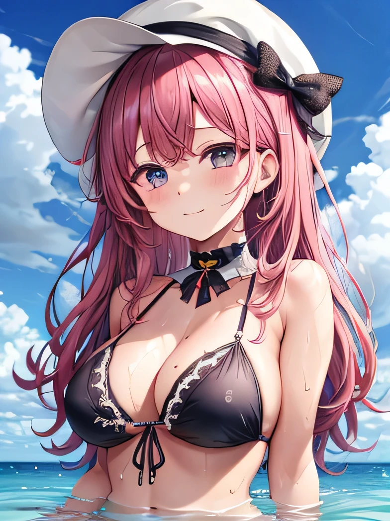 large boob, bikini, wet, wet shirt, cute face, summer, long hair, no hat, pink hair, girl, sweaty, 1, blue ocean