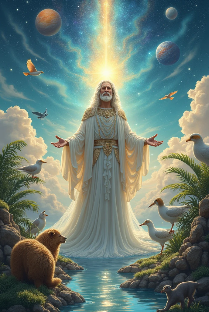 A scene with space which shows nature beauty and some stars and planets and sun in day light with animals and birds with flying and a man standing between them by flying in centre wearing god like clothes with women showing equality