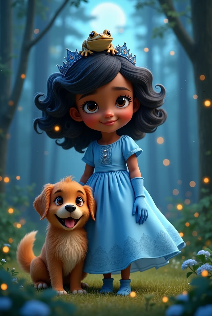 Girl with dark skin tone and black hair , dark eyes , Beautiful smile.with a golden retriever dog. Repesentavion pixar, light blue oversized dress ,spongy ,with a blue crown, blue gloves , in a forest with fireflies at night,with a toad on his head