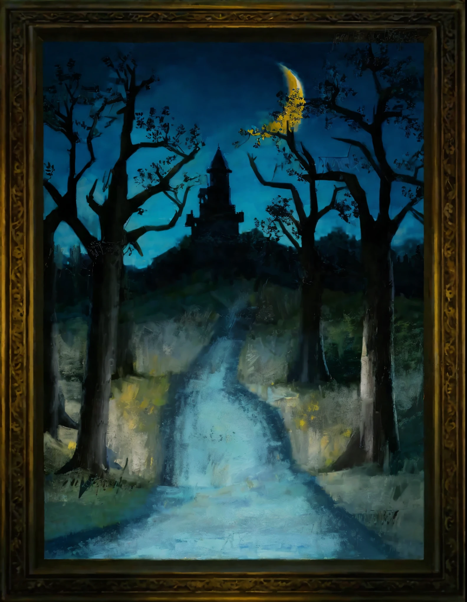An masterpiece oil painting of a dark dense forest, pathway into a castle, dark blue skies, yellow hay field grass, moon in the sky