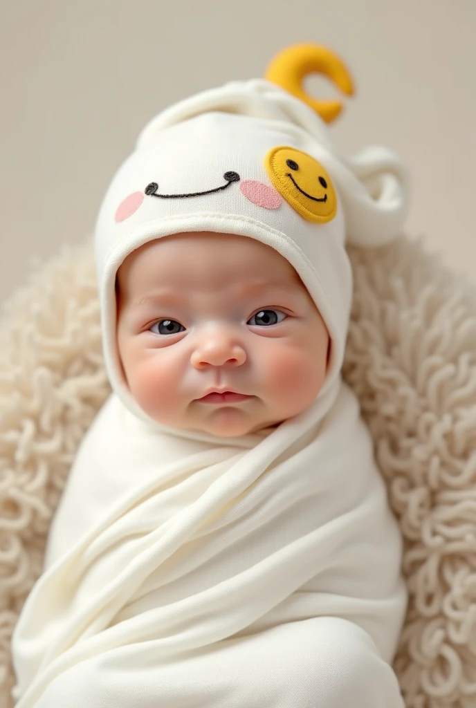 Make a cute white muslin baby wearing a Muslim hat and smiley face