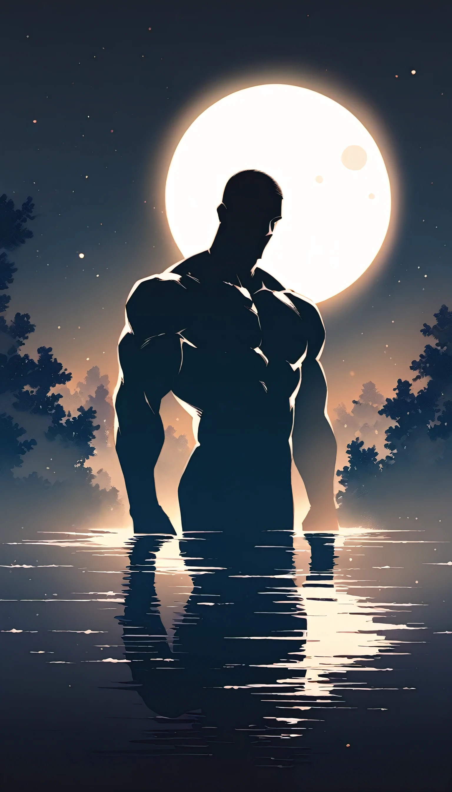 A Strong Buddhist muscular man stands in the smoke, Black jumpsuit, Very tight, Silhouette effect, Tall muscular man, Priapus, Dark Black, Dark black skin, Buzz Cut, His muscles are very developed, Very tall, short hair, Blend into the smoke, Lake, Reflection, Stars, moonlight, Big Moon, Man silhouette, Chinese, black and white, Simple style