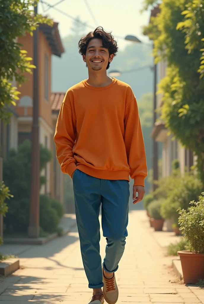  Andres walking back home, with a calm smile on his face, reflecting inner peace. Andrés is a young man with orange clothes and blue pants, a little younger 