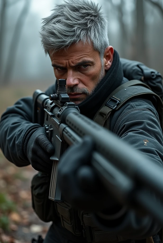 Serious soldier cartoon young man,Dressed in black tactical clothing,Gray-haired youth,With a sniper rifle,