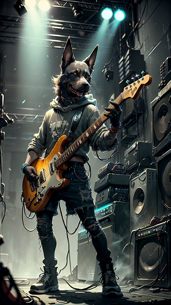 c4tt4stic,Cartoon of a rock singer playing an electric guitar、Chien doberman(Des performances intenses)