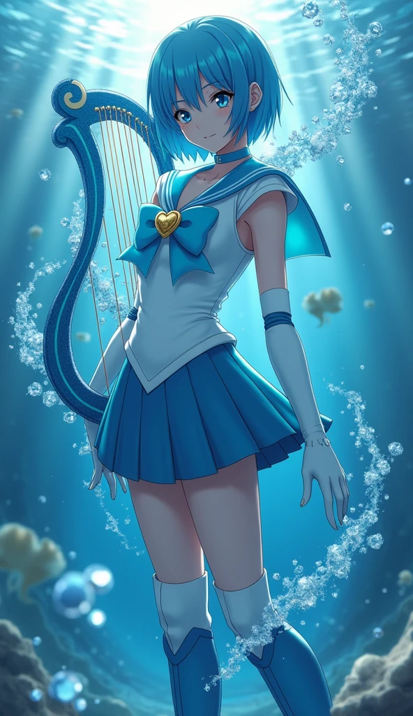"Generate an image of Ami Mizuno from Sailor Moon in her Super Sailor Mercury form. She should be standing confidently, with her short blue hair styled in a sleek bob. Her outfit is a white sailor-style uniform with a blue collar, a light blue bow on her chest with a golden heart-shaped brooch, and a pleated skirt. She wears knee-high blue boots and white gloves with blue accents. She should be holding her Aqua Harp, with water elements swirling around her. The background should be an underwater scene, with shimmering light filtering through, creating a calm and serene atmosphere.", high quality, (RAW photo, best quality), (realistic, photorealistic: 1.4), (extremely delicate and beautiful: 1.4), amazing, fine details, masterpiece, ultra detailed, high resolution, best illustration, best shadow, intricate, ( extremely intricate: 1.2), (exquisitely detailed skin), cinematic light, perfect anatomy, (cool color: 1.4), sharp focus, 8k UHD, DSLR, (Fujifilm XT3),(iluminación cinematográfica :1.4), (pose americano :1.4), (skirt lifted by itself: 1.4 ), (skirt lift: 1.4 ), (showing white panties: 1.4 ), (colores brillantes), (mostrando panties lingerie :1.4)