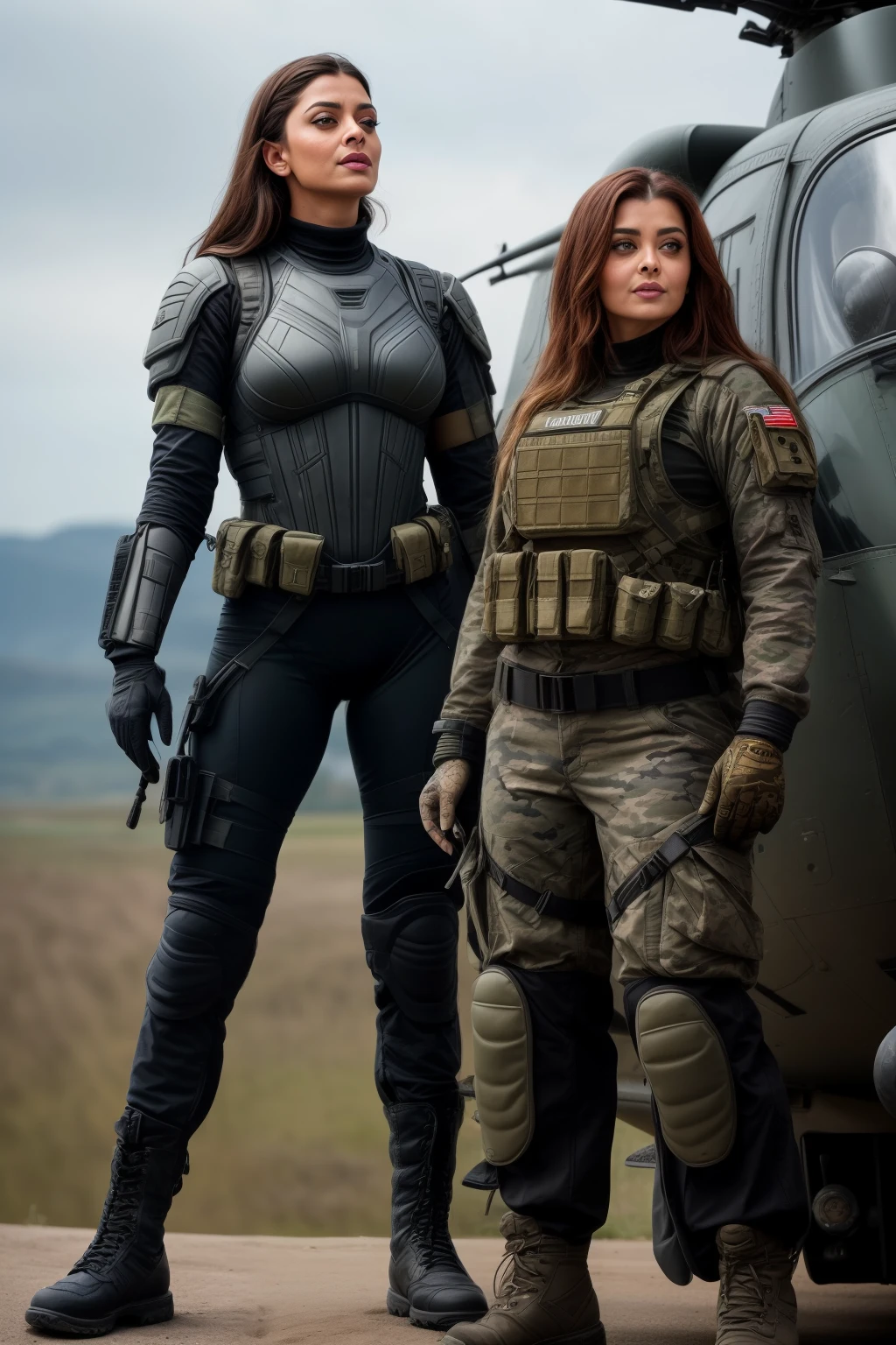Full body photo of 50YO MATURE MILF AISHWARYA RAI as ATTRACTIVE ARMY MILF, BLACK ARMY GEAR, COMBAT BOOTS, COMBAT GLOVES, KNEEPADS, CAMO PLATE CARRIER RIG, intricate details, POSING next to army helicopter, ((MOCKING LAUGH)), BOB CHT HAIR, day scene, mature hourglass figure, look straight at camera, sexy 50 yo mature MILF, soft volumetric lights, intricate details, (ArtStation:1.2)