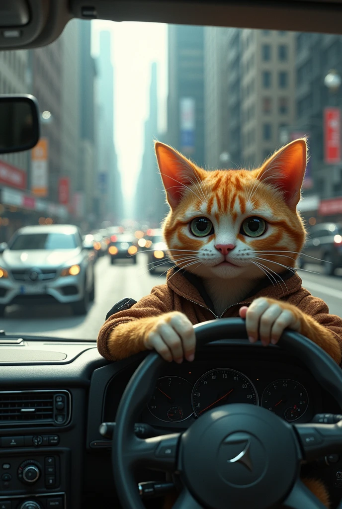 8k, a humanoid cat man, he is driving a car in heavy traffic