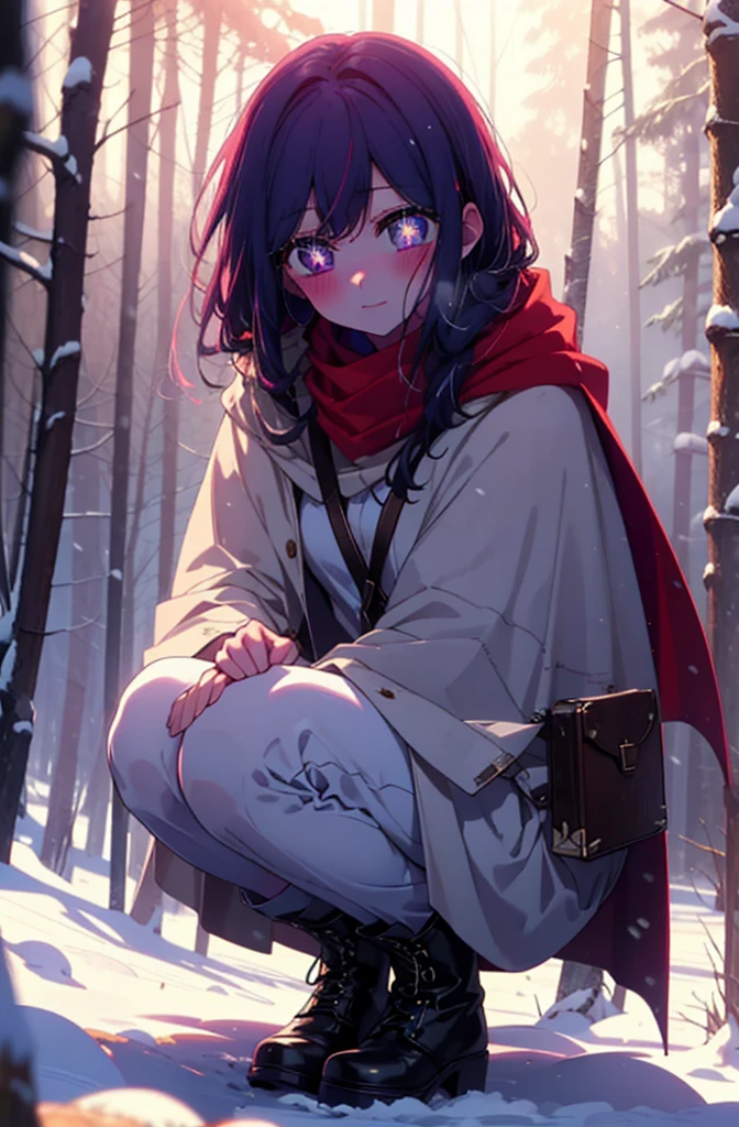 aihoshino, Ai Hoshino, Long Hair, bangs, (Purple eyes:1.1), Purple Hair, (Symbol-shaped pupil:1.5), smile,,smile,blush,white breath,
Open your mouth,snow,Ground bonfire, Outdoor, boots, snowing, From the side, wood, suitcase, Cape, Blurred, , forest, White handbag, nature, Squat, Mouth closed, Cape, winter, Written boundary depth, Black shoes, red Cape break looking at viewer, Upper Body, whole body, break Outdoor, forest, nature, break (masterpiece:1.2), Highest quality, High resolution, unity 8k wallpaper, (shape:0.8), (Beautiful and beautiful eyes:1.6), Highly detailed face, Perfect lighting, Extremely detailed CG, (Perfect hands, Perfect Anatomy),