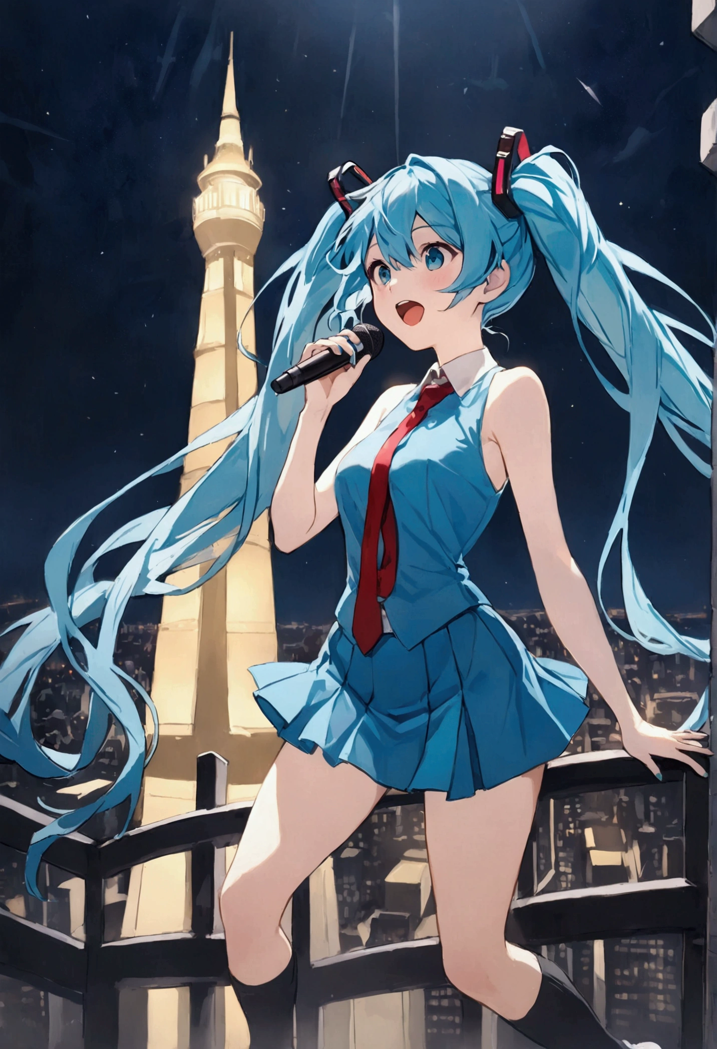 (Hatsune Miku,Light blue hair,Twin tails,No sleeve,tie,mini skirt,socks),((Blue is the predominant color)),(Future city at night,Night view),(Standing at the top of the tower,Cool look,singing,Holding a microphone)