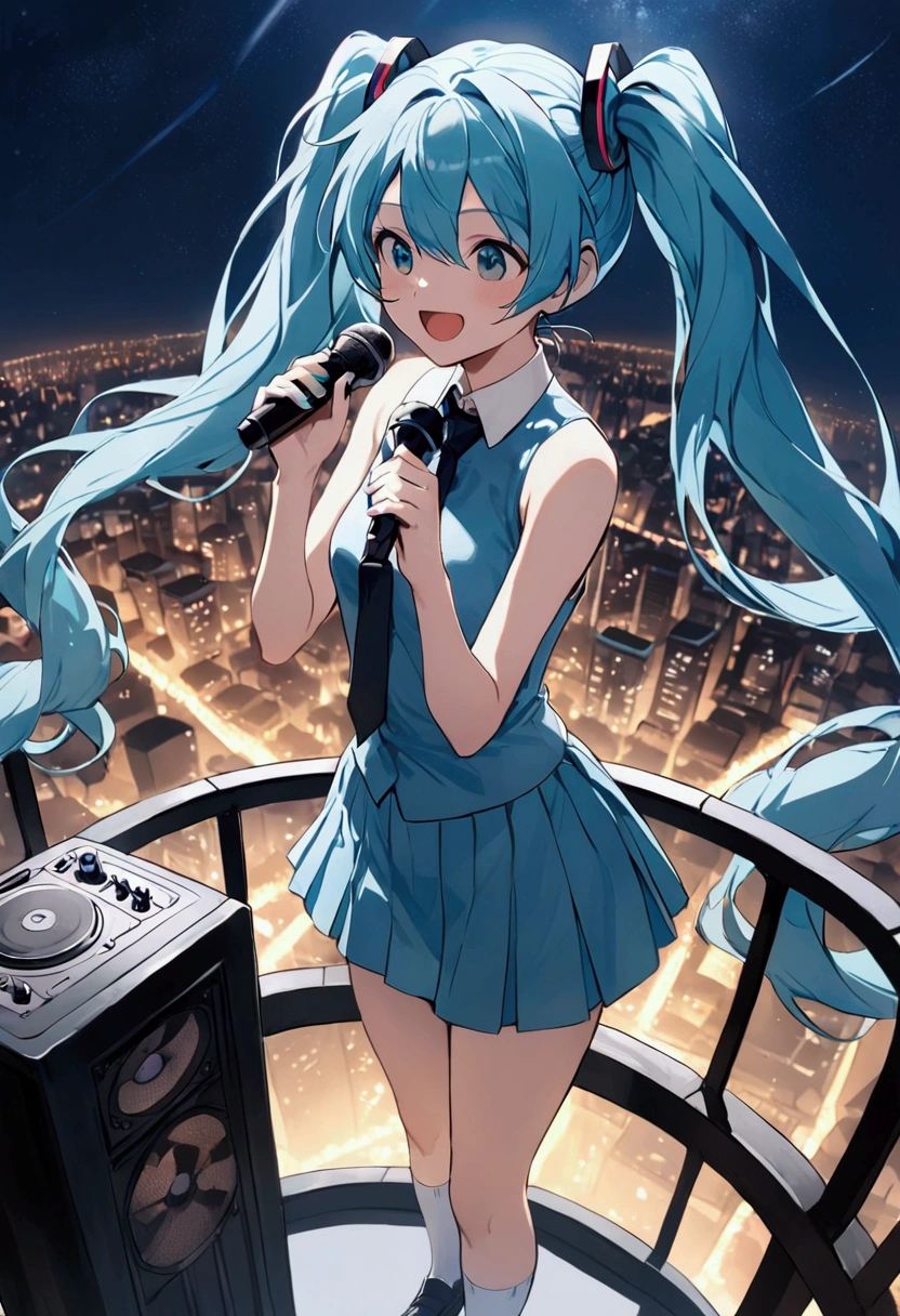 (Hatsune Miku,Light blue hair,Twin tails,No sleeve,tie,mini skirt,socks),((Blue is the predominant color)),(Future city at night,Night view),(Standing at the top of the tower,Cool look,singing,Holding a microphone)