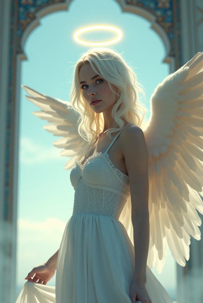 cinematic image portrait Full body zoomed in on Harley Quinn angel with wings and halo in the sky with hair .Harley Quinn is wearing a light white dress and has blue eyes.. and there is a beautiful gate behind in the sky