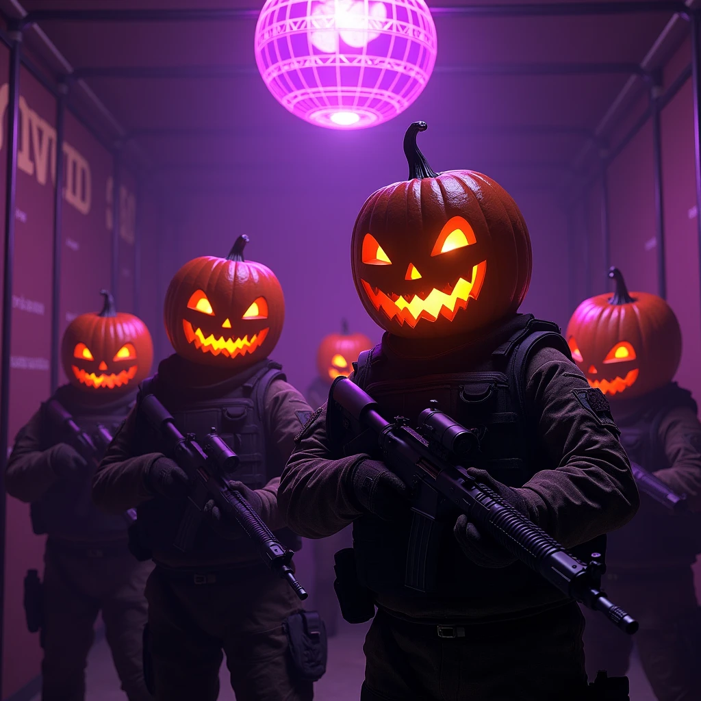 Characters wearing jack-o-lanterns、Equipped with a tactical jacket and rifle、Purple light pours down from the mirror ball above.。.、In the background, it says &quot;HAGUKIX from a29&quot; in large letters.