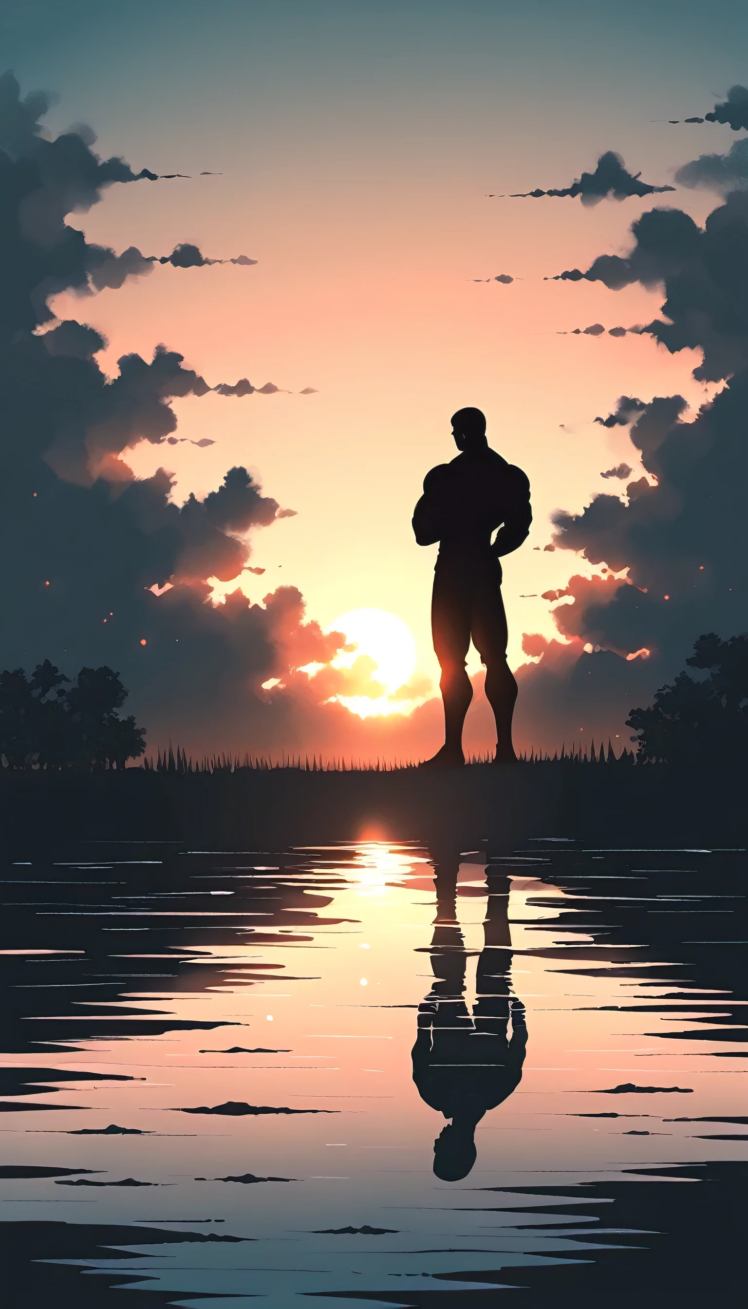 A Strong Buddhist muscular man stands in the smoke, Black jumpsuit, Very tight, Silhouette effect, Tall muscular man, Priapus, Dark Black, Dark black skin, Buzz Cut, His muscles are very developed, Very tall, short hair, Blend into the smoke, Lake, Reflection, Sunset, Sunset, Man silhouette, Chinese, black and white, Simple style