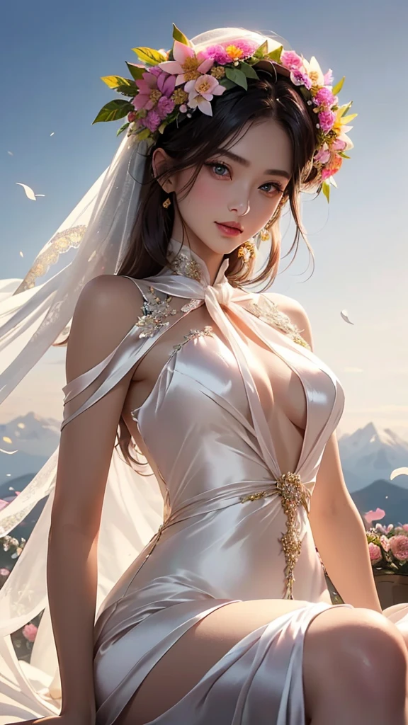  (She is wearing a wreath made of flowers on her head. :1.5)，20-year-old（First Person）, brake（Wide々Grassland : 1.5）, （Mountains in the distance々exists :1.5）,（Light from Heaven : 2.0）,（SF masterpiece： 1.4），（8k， Surreal， Original photo， Highest quality： 1.4）， Japan， Beautiful Face，brake（Smiling and sitting : 2.5）, （True Face： 1.4），brake（Pink Hair， Long hair with soft curls： 1.5）,brake(A gorgeous silk dress with separate top and bottom:2.0), More exposed skin :1.5，Realistic blue eyes， Beautiful details in the eyes， （Reality skin：1.3）， Beautiful Skin， Charm， 超High resolution， Ultra-realistic， High resolution， Golden Ratio， （Detailed face： 1.4），white feathers grow，Wideがるロングヘアー，White transparent，Looking into the camera, brake (The silk dress is somewhat transparent:1.5), brake（Her legs are visible through her dress :2.0）,(Shine the female body, (Beautiful appearance, Perfect female body,Slim build:1.5), Beautiful hands and fingers, (is looking up to the sky:1.5), (Mid-range long shot:1.5)